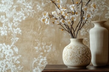Elegant floral vase arrangement with stylish patterned wallpaper for interior decor inspiration.