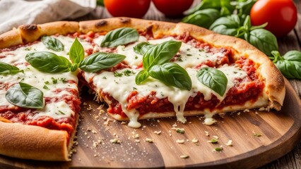 Cheesy pizza with fresh basil, being served from wooden board. Background of a warm brick oven adds rustic appeal, making it an enticing image for culinary delights and food lovers.