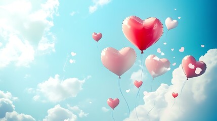 Romantic design with floating heart-shaped balloons in a dreamy sky, ideal for Valentine's Day discount vouchers or invitations