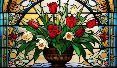 A vibrant stained glass window depicting a stunning arrangement of lilies, roses, and tulips in a
