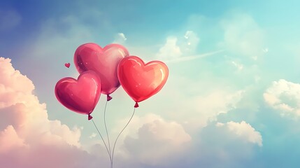 Romantic design with floating heart-shaped balloons in a dreamy sky, ideal for Valentine's Day discount vouchers or invitations