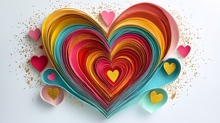 Romantic design of layered paper-cut hearts in vibrant colors with golden glitter details
