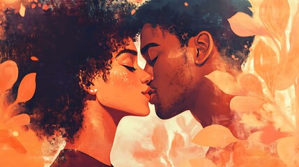 Romantic close-up of a couple kissing, their expressions full of love and affection, with a warm coral background evoking emotions of joy and connection