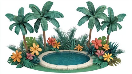 Obraz premium Tropical scene with palm trees and colorful flowers around a pool.
