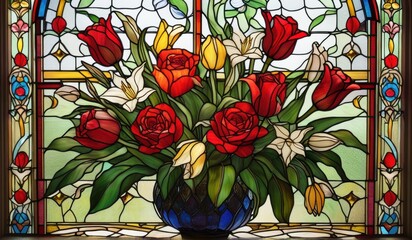 A vibrant stained glass window depicting a stunning arrangement of lilies, roses, and tulips in a