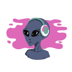 An alien listening to music with headphones. Cartoon vector character on a white background