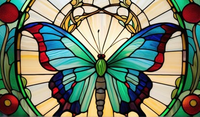Naklejka premium A vibrant stained glass butterfly, its wings a kaleidoscope of blues, greens, and reds, bathed in warm light.