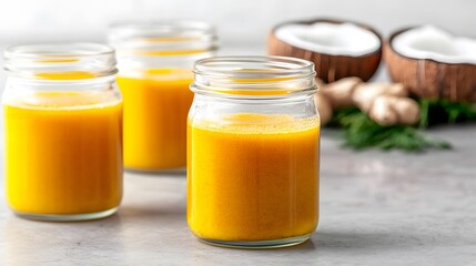 Three jars of vibrant yellow juice sit on a gray surface, accompanied by fresh coconuts and ginger, evoking a tropical, healthy vibe.