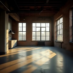 Obraz premium An image showing an interior space with exposed brick walls, large windows, and a concrete floor, illuminated by sunlight.