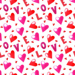 Watercolor hand drawn valentine's day seamless pattern. Holiday background. Bright texture for textile, fabric, scrapbooking paper.