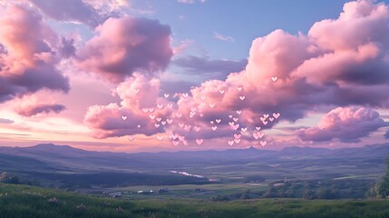 Soft pink clouds with heart-shaped patterns floating over a serene landscape