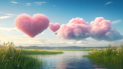 Soft pink clouds with heart-shaped patterns floating over a serene landscape