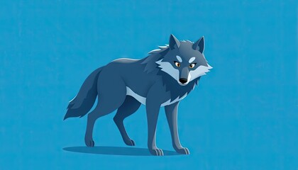 Fototapeta premium Gray wolf standing, blue background, wildlife illustration, children's book