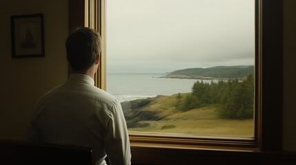 Single person gazing thoughtfully through a window, reflecting on solitude and introspection, capturing the essence of personal contemplation and inner peace.