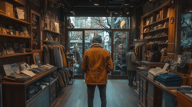 Chic Boutique Experience, an elegant shop with sleek displays, expansive mirrors, and stylish shoppers exploring curated fashion collections