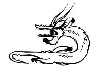 Vector unusual monster that looks like a dragon. Line art of fantasy character. Black stylish tattoo on white background