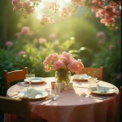 An outdoor dining table set with plates, glasses, and a vase of pink flowers, with a backdrop of lush greenery and blooming pink flowers.