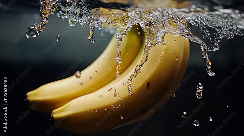Poster a pair of bananas splashing into water, creating dynamic droplets and ripples.