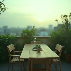 An outdoor dining setup with a table, chairs, and a potted plant on a rooftop terrace with a cityscape in the background.