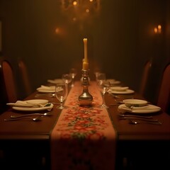 A dimly lit dining table is set with a candlelit centerpiece, white plates, and glassware, creating an intimate atmosphere.