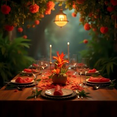 The image depicts a meticulously arranged table setting featuring a vase with orange and red flowers, wine glasses, plates, and silverware, all under a backdrop of hanging red flowers.