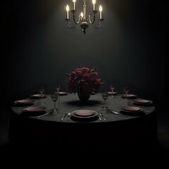 The image shows a dimly lit dining room with a round table set for a meal, featuring place settings...