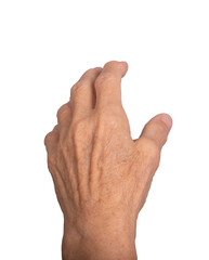 Outstretched hand gesture. Senior Caucasian woman s wrinkled hand reaching out with visible veins...