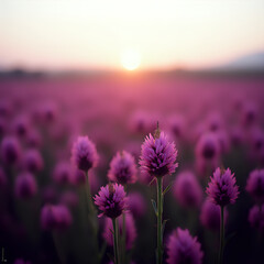 The image captures a field of purple flowers at sunset, with the sun's warm glow peeking through the flowery horizon, and the flowers in the foreground are slightly out of focus.