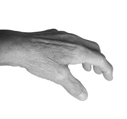 Outstretched hand gesture. Senior woman s wrinkled left hand with fingers extended, veins and...