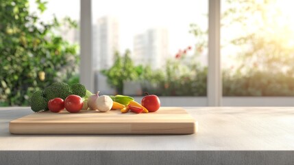 Wooden cutting board featuring an array of fresh vegetables and fruits rests on a kitchen counter, bathed in sunlight from a large window overlooking a lush garden © olga_demina