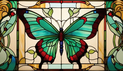 A vibrant stained glass butterfly, its wings a kaleidoscope of blues, greens, and reds, bathed in warm light.