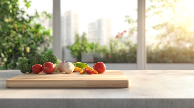 Wooden cutting board featuring an array of fresh vegetables and fruits rests on a kitchen counter, bathed in sunlight from a large window overlooking a lush garden