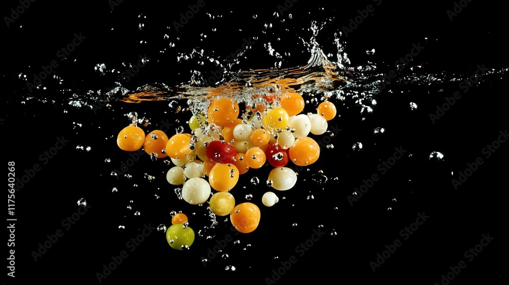 Poster colorful fruits splashing into water, creating dynamic bubbles and visual interest.