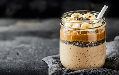 A layered smoothie in a jar featuring banana slices, chia seeds, and a creamy topping, set against a dark background.