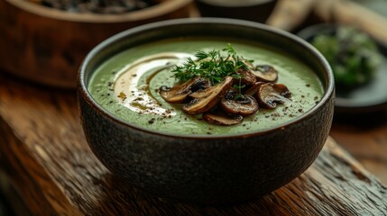 A minimalistic bowl of creamy green soup, garnished with sautéed mushrooms and fresh herbs, set on a rustic wooden surface