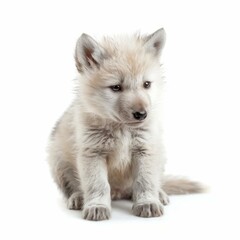 Young arctic wolf cub sitting and looking down on a white background