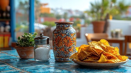 Vibrant Mexican-Style Table Setting with Tortilla Chips, Salt, and Herbs