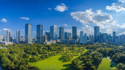 Fototapeta premium Skyline view of city buildings behind large green park.