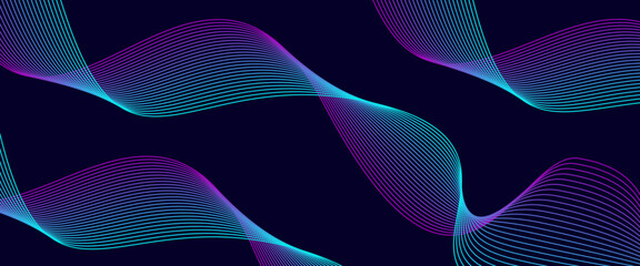 Dark abstract background with glowing wave. Shiny moving lines design element. Modern purple blue gradient flowing wave lines. Futuristic technology
