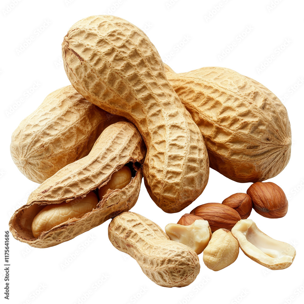 Poster closeup of raw peanuts on a transparent background showcasing their unique texture and shape, peanut