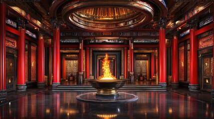 Obraz premium Incense burning in a traditional Chinese temple, surrounded by red and gold decorations and a serene atmosphere