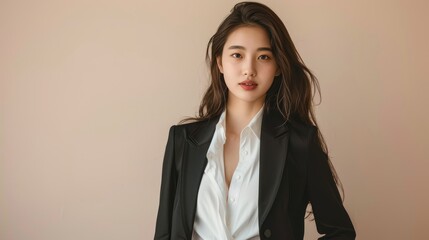 Confident young japanese professional in tailored black suit and white blouse with warm smile