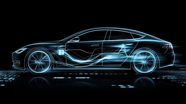 Sleek electric car design concept, aerodynamic airflow visualized.