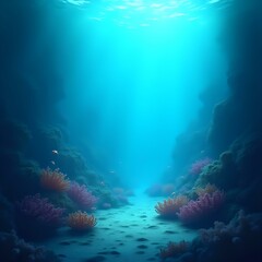 Naklejka premium The image depicts a serene underwater scene with vibrant marine life, including a variety of colorful coral formations and several small fish swimming beneath.