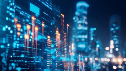 Obraz premium A Futuristic city skyline with glowing data visualizations and lights