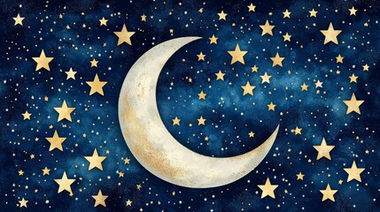 Naklejka premium A serene night sky with a crescent moon and shining stars.