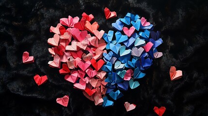 Holiday-themed design featuring a big heart composed of delicate origami hearts in shades of pink, red, and blue, set against black velvet fabric
