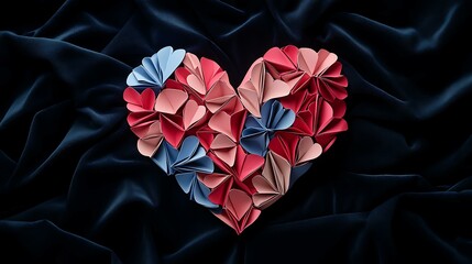 Holiday-themed design featuring a big heart composed of delicate origami hearts in shades of pink, red, and blue, set against black velvet fabric