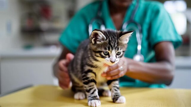 Chat dans entre les mains d'une v&eacute;t&eacute;rinaire sur la table d'auscultation.