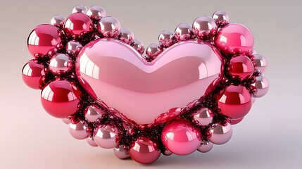 Obraz premium Heart-shaped arrangement of pink, red glass, and metallic spheres, with high shine and dynamic reflections, designed in 3D for a romantic theme